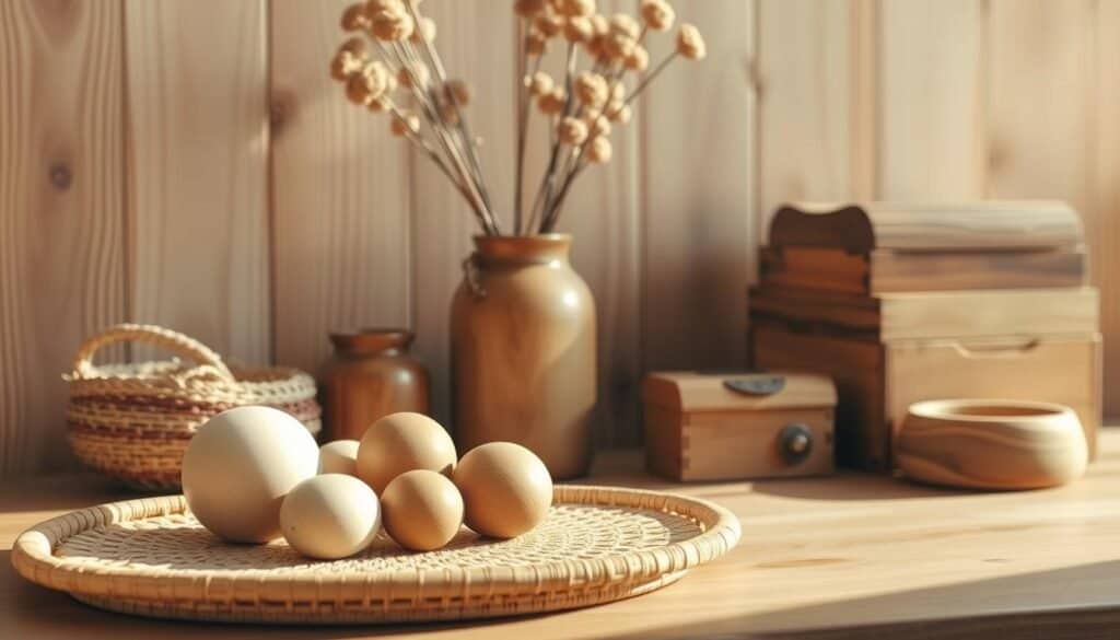 A cozy and inviting arrangement of artisanal wooden decor items, bathed in warm, natural lighting. In the foreground, a delicate wooden tray with a tactile woven pattern, holding an assortment of smooth, rounded decorative objects. In the middle ground, a rustic wooden vase filled with dried floral stems, complemented by a stack of neatly arranged wooden boxes in varying shapes and sizes. The background features a neutral-toned wooden wall, its grain and texture adding depth and character to the scene. The overall atmosphere is one of gentle, earthy elegance, inviting the viewer to reach out and experience the satisfying tactile qualities of the handcrafted wooden pieces.