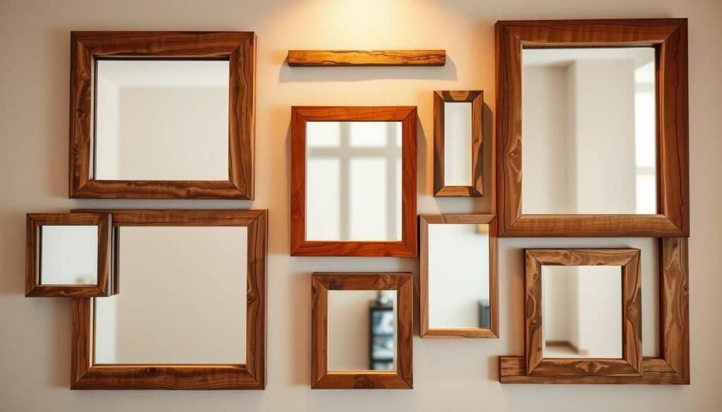 A cozy and inviting arrangement of rustic wooden frames and mirrors adorning a neutral-toned wall. The frames feature a variety of natural wood grains and textures, arranged in an asymmetrical pattern that adds depth and visual interest. Strategically placed mirrors reflect the surrounding space, creating the illusion of a larger, brighter room. Soft, warm lighting casts a gentle glow, enhancing the natural beauty of the wooden elements. The overall composition evokes a sense of warmth, elegance, and subtle sophistication, seamlessly blending form and function to elevate the wall space.