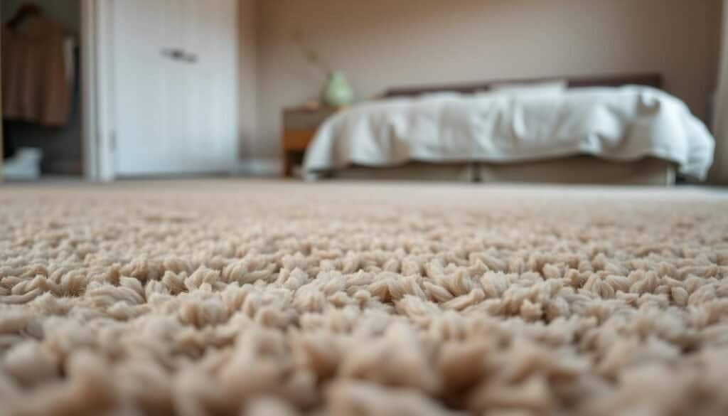 A cozy and inviting bedroom with a plush, soft carpet covering the floor. The carpet has a muted, earthy tone with subtle variations in color, creating a warm and natural aesthetic. The lighting is soft and diffused, casting a gentle glow that enhances the comforting atmosphere. In the foreground, the carpet appears lush and inviting, beckoning the viewer to sink their toes into its luxurious pile. In the middle ground, the room's furniture, such as a bed and nightstand, are visible, adding to the overall sense of comfort and relaxation. The background features a neutral-colored wall, allowing the focus to remain on the captivating carpet design and the cozy bedroom setting.