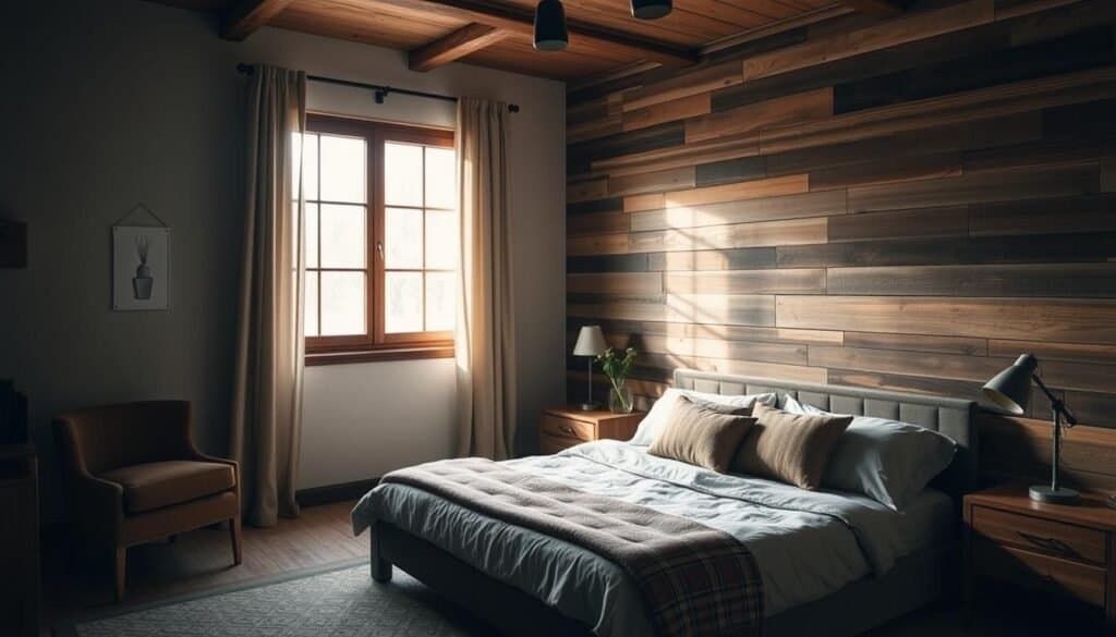A cozy and inviting bedroom with a warm, rustic wood wall accent. Muted lighting filters through the window, casting a soft, natural glow across the space. The wood planks are arranged in a horizontal pattern, their varied grains and tones creating a visually interesting texture. The room's furnishings - a plush bed, nightstands, and a small sitting area - are complemented by the earthy tones and organic feel of the wooden wall. An overall sense of tranquility and comfort pervades the scene, making it an ideal retreat from the outside world.