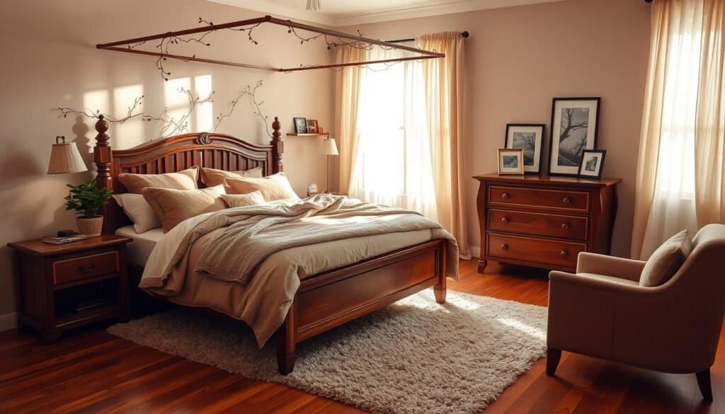 A cozy and inviting bedroom with warm, muted tones. Soft, plush bedding in earthy hues covers a wooden four-poster bed, its frame accentuated by delicate trailing vines. Sunlight filters gently through sheer curtains, casting a gentle glow on the space. On the nightstand, a potted plant and a soft reading light create a calming ambiance. The hardwood floors are covered by a plush area rug, and a wooden dresser stands against the wall, its surface adorned with framed nature photography. An armchair in a complementary fabric sits in the corner, inviting relaxation. The overall atmosphere is one of tranquility and comfort, promoting a serene and rejuvenating start to the day.