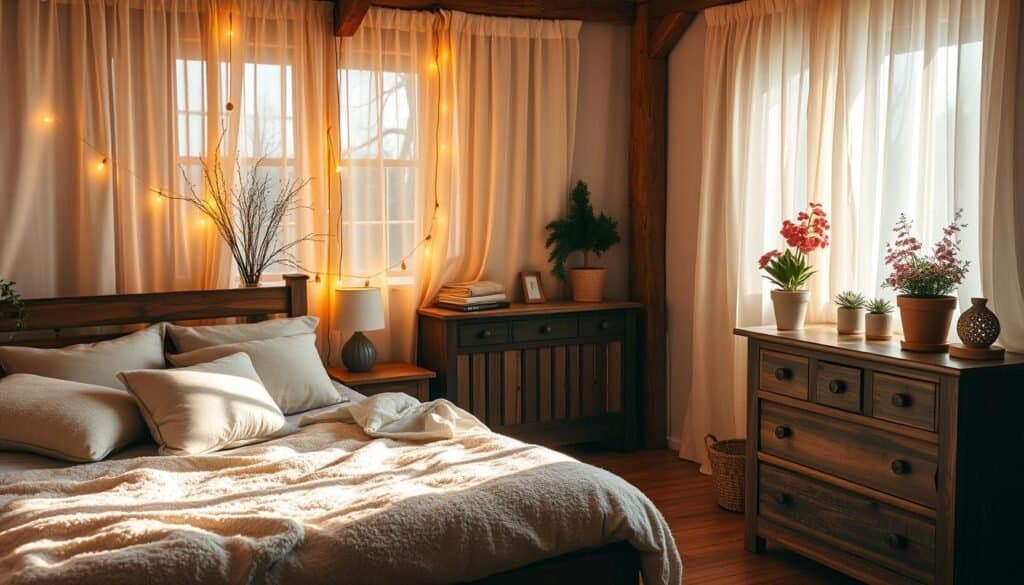A cozy and inviting bedroom with warm, natural lighting filtering through sheer curtains. Plush, neutral-toned bedding and pillows creating a sense of comfort and relaxation. Wooden furniture and accents, like a bedside table and dresser, lend a rustic, earthy vibe. A string of fairy lights or a small table lamp adds a soft, ambient glow. Potted plants or a vase of fresh flowers on the dresser bring in a touch of nature. The overall atmosphere is one of tranquility and coziness, inviting the viewer to sink into the space and feel at ease.