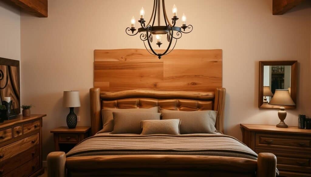 A cozy and inviting bedroom with warm, natural wood accents. A large, rustic wood-framed bed takes center stage, its headboard complemented by natural wood nightstands and a matching dresser. Soft lighting from a wrought-iron chandelier casts a gentle glow, highlighting the rich grain and texture of the wood. The room is filled with a sense of comfort and tranquility, enhanced by plush bedding in earthy tones. The wood elements seamlessly blend with the neutral color palette, creating a harmonious and relaxing atmosphere.