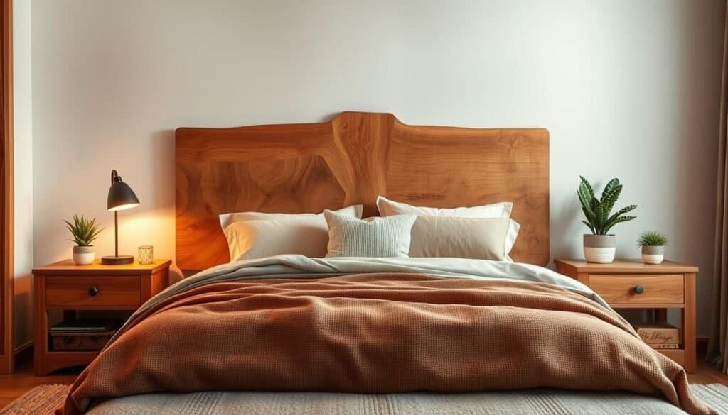 A cozy and inviting bedroom with warm wooden accents, featuring a well-crafted wooden headboard and nightstands in a rich, natural tone. Soft, diffused lighting creates a calming ambiance, while plush textiles and natural elements like potted plants add depth and texture. The overall composition emphasizes the harmonious blend of rustic and modern design elements, showcasing how a single wooden accent can elevate the entire space.