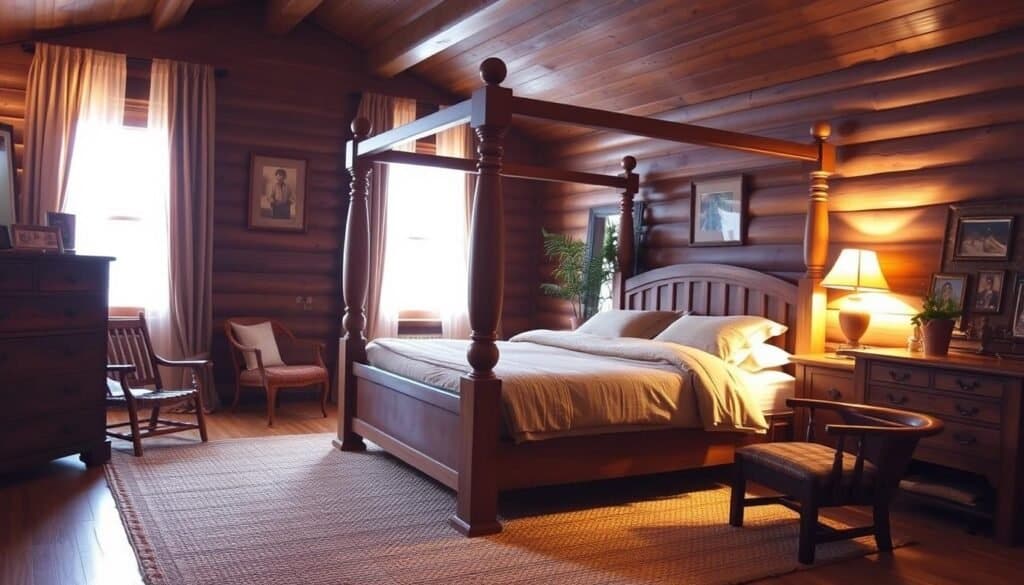 A cozy and inviting dark wood bedroom, illuminated by warm, soft lighting. A sturdy, handcrafted four-poster bed with plush bedding and pillows creates a focal point. Complementing side tables and a dresser in the same rich, burnished wood tones add depth and texture. A thick, woven area rug in earthy hues grounds the space, while sheer curtains gently frame the windows, allowing natural light to filter in. Accent pieces, such as a wooden armchair and a lush potted plant, add warmth and character. The overall atmosphere is one of rustic elegance and tranquility.