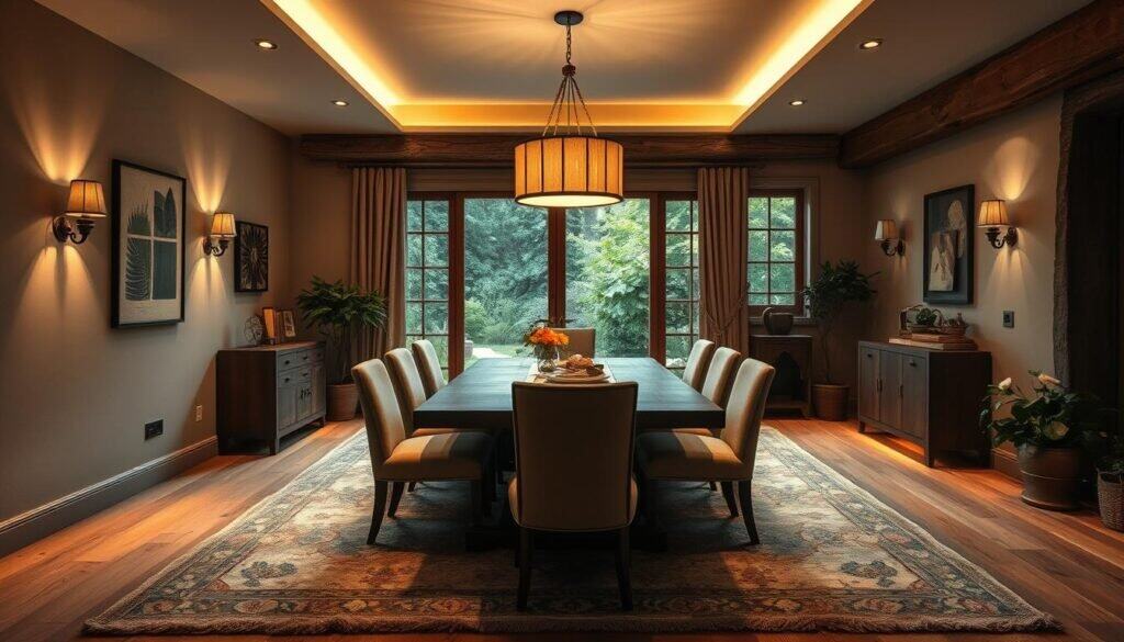 A cozy and inviting dining room with a rustic, natural aesthetic. A large wooden dining table with comfortable upholstered chairs sits in the center, illuminated by a stunning pendant light fixture. The room is bathed in warm, ambient lighting, with strategically placed sconces and recessed lighting creating a soft, intimate atmosphere. The walls are adorned with tasteful wall art, and a large window overlooking a lush, green garden provides a tranquil view. Plush area rugs and potted plants add texture and a sense of harmony to the space, making it an ideal setting for memorable meals and gatherings.
