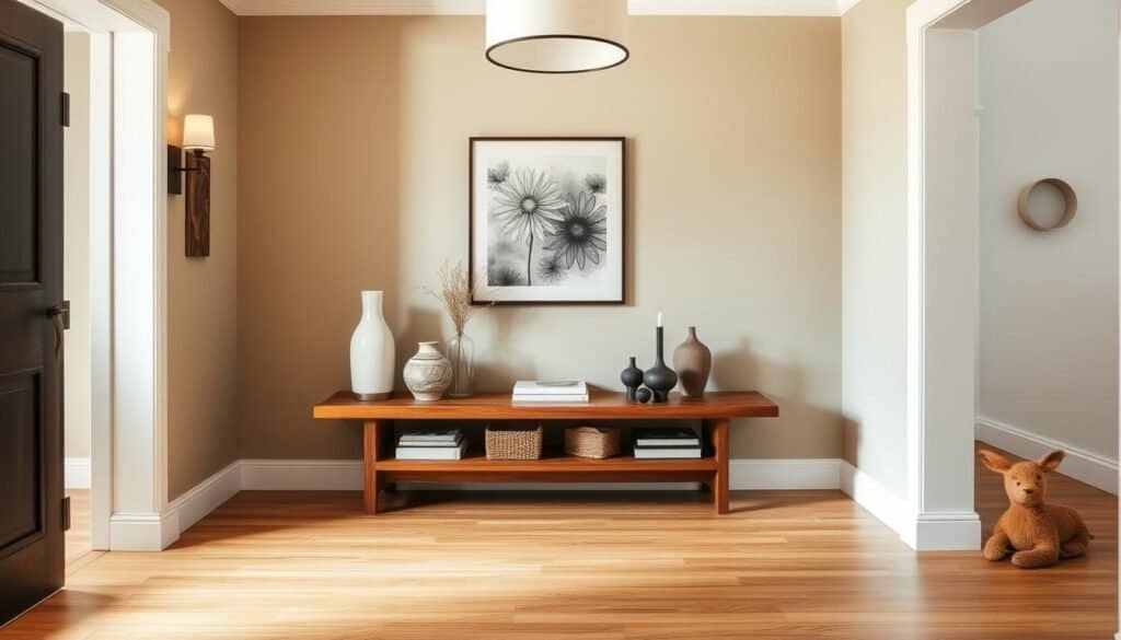 A cozy and inviting entryway, with a wooden bench or console table showcasing a variety of decorative elements, such as vases, candles, and carefully curated accessories. The floor is covered in a warm, neutral-toned natural material, like hardwood or stone, creating a seamless and cohesive look. Indirect lighting from sconces or a pendant fixture casts a soft, ambient glow, enhancing the welcoming atmosphere. The overall scene conveys a sense of refined simplicity, where form and function harmonize to create an elegant and functional space that sets the tone for the rest of the home.