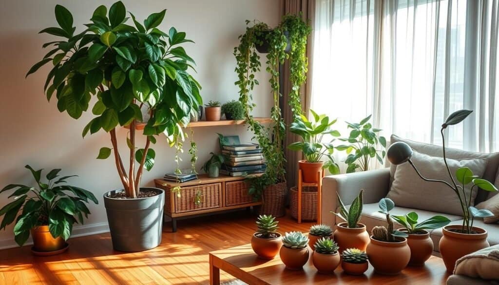 A cozy and inviting living room filled with a variety of thriving houseplants. A large, lush potted ficus tree stands proudly in the corner, its vibrant green leaves casting soft shadows on the warm, hardwood floor. Trailing vines of a well-tended pothos plant cascade down a floating shelf, complementing the natural wood tones. On the coffee table, a collection of terracotta pots hold thriving succulents and a small fiddle-leaf fig tree. Soft, diffused lighting filters through sheer curtains, creating a serene and rejuvenating atmosphere. The room exudes a sense of tranquility and personal style, making it feel like a true sanctuary.