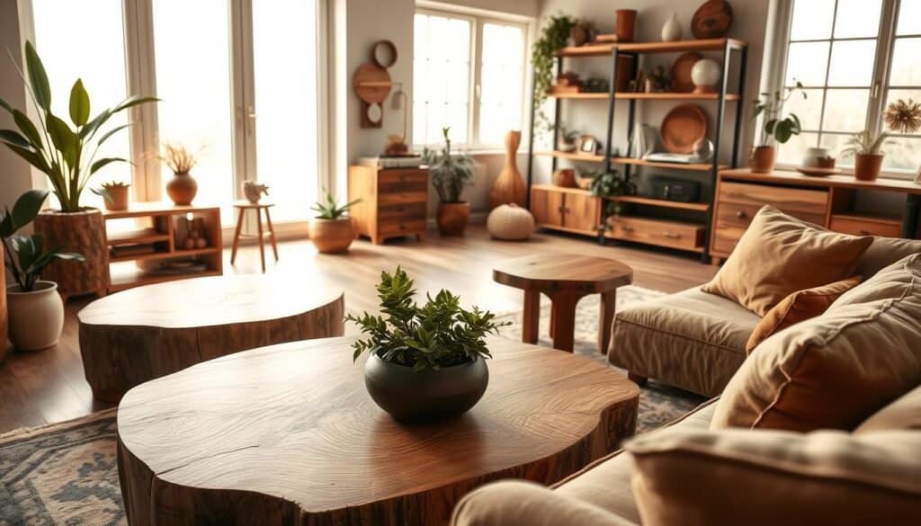 A cozy and inviting living room interior featuring a variety of natural wood accents. Warm, diffused lighting filters through large windows, casting a soft glow on the smooth, textured surfaces of a rustic wooden coffee table, end tables, and shelving units. Delicate wood grain patterns add depth and visual interest, complemented by plush, earthy-toned furnishings. Potted plants and a few carefully curated decorative pieces add pops of greenery and subtle touches of color, creating an overall atmosphere of tranquility and comfort. The scene is captured from a slightly elevated angle, showcasing the harmonious blend of natural and domestic elements.