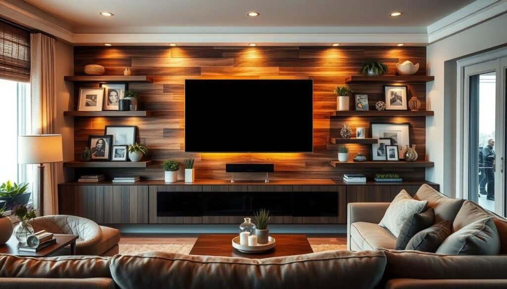 A cozy and inviting living room with a beautifully designed TV wall. The focal point is a large, modern flatscreen TV mounted on a rustic, wooden accent wall. Surrounding the TV are floating shelves displaying various decorative items, such as potted plants, framed artwork, and stylish knick-knacks. Warm, indirect lighting illuminates the space, creating a soft and relaxing atmosphere. The room is furnished with plush, comfortable seating, including a sectional sofa and armchair, all placed strategically to optimize the viewing experience. The overall design seamlessly blends contemporary and traditional elements, resulting in a visually striking and cohesive living room aesthetic.