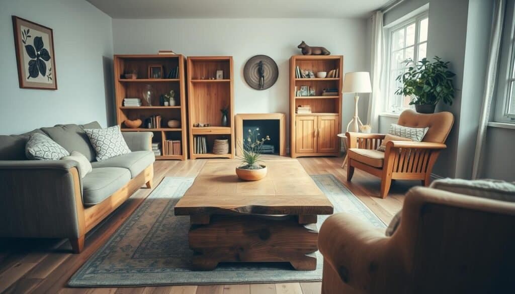 A cozy and inviting living room with a focal point of natural wood furniture, including a sturdy coffee table, a rustic bookshelf, and a warm-toned armchair. The room is bathed in soft, diffused lighting, creating a serene and peaceful atmosphere. The wood grains and textures are prominently featured, showcasing the beauty and character of the natural materials. The layout is well-balanced, with the furniture pieces arranged in a harmonious composition. The overall scene evokes a sense of calm and tranquility, inspiring a peaceful and restorative mood.