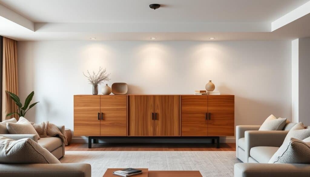 A cozy and inviting living room with a large, statement wooden piece as the focal point. The piece is a beautifully crafted, modern sideboard or credenza, made from rich, warm-toned wood with a smooth, matte finish. The furniture has clean, minimalist lines and a balanced, symmetrical design, subtly anchoring the space. Soft, diffused lighting from overhead fixtures casts a gentle glow, highlighting the wood's natural grain and texture. The room is bathed in a neutral, earthy color palette, with plush, textured fabrics and natural elements that complement the wooden furniture. An atmosphere of simple sophistication and understated elegance permeates the scene.