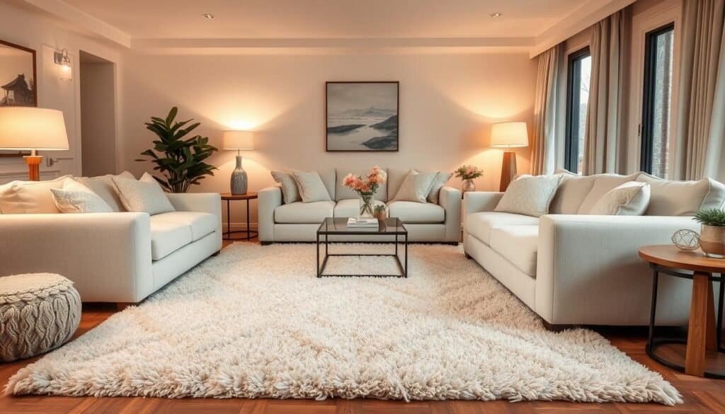 A cozy and inviting living room with a plush, soft-textured area rug as the centerpiece. The rug features a delicate, neutral-toned pattern that adds a gentle, organic feel to the space. Soft, diffused lighting from overhead fixtures and floor lamps creates a warm, enveloping atmosphere. The room is furnished with comfortable, overstuffed seating, such as a plush sofa and armchairs, complementing the soft, welcoming vibe of the rug. Subtle wooden accents, like a coffee table or end tables, provide a natural contrast to the soft textures. The overall scene conveys a sense of comfort, relaxation, and a touch of sophistication.