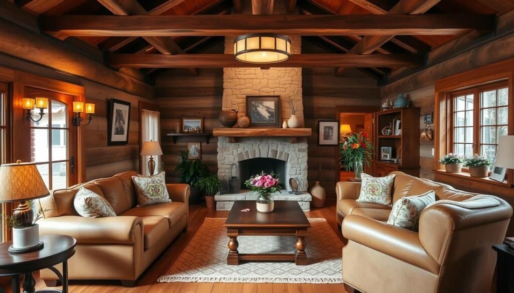 A cozy and inviting living room with a warm, rustic ambiance. Wooden floors, exposed beams, and a stone fireplace create a charming focal point. Plush, earth-toned furnishings, including a leather sofa and armchairs, are arranged around a low, wooden coffee table. Potted plants and a woven rug add natural textures, while soft lighting from sconces and a pendant fixture casts a gentle glow. Framed artwork and personal mementos on the mantle and shelves reflect the owner's unique style and personality.