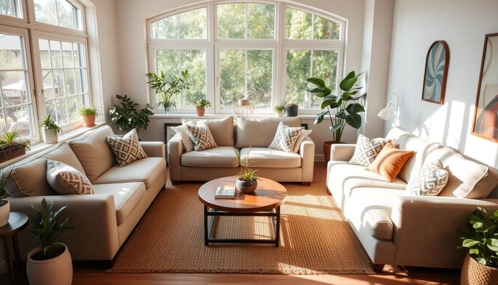 A cozy and inviting living room with an arrangement of conversation-friendly furniture. A large, plush sectional sofa with soft throw pillows is positioned to face a pair of comfortable armchairs, creating an intimate seating area. The furniture is placed on a natural fiber area rug, adding texture and warmth to the space. Large windows allow ample natural light to stream in, illuminating the room with a soft, diffused glow. Potted plants and a few carefully selected decorative pieces add touches of greenery and personality. The overall atmosphere is one of relaxation and easy conversation, perfect for unwinding after a long day.
