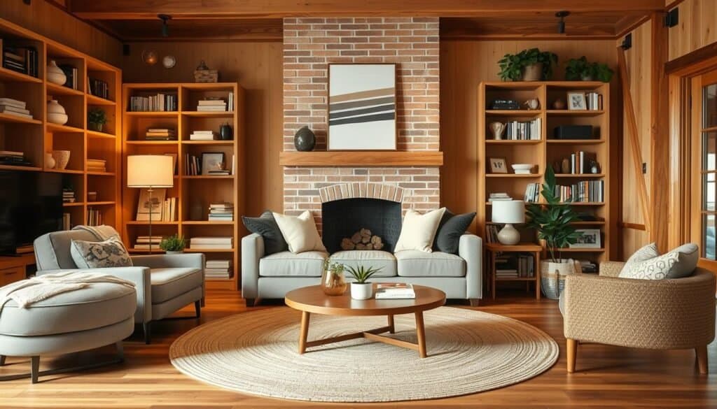 A cozy and inviting living room with warm lighting, natural wood tones, and a blend of modern and rustic accents. The focal point is a plush, neutral-toned sofa with soft throw pillows, centered in front of a brick fireplace. Bookshelves line the walls, filled with a mix of decor pieces and personal items. A large, round area rug grounds the space, complementing the wood floors. Minimalist, budget-friendly wall art and greenery add pops of color and texture. The space feels relaxed, comfortable, and effortlessly stylish.