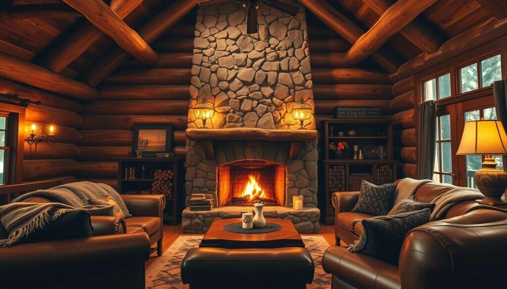 A cozy and inviting rustic log cabin interior, bathed in warm golden lighting. The focal point is a massive stone fireplace, its crackling flames casting a soft glow across the room. Rough-hewn timber beams and log walls create a charming, cabin-inspired atmosphere. Plush leather furniture, heavy woolen blankets, and antique wooden accents lend an air of rustic elegance. The scene is captured with a wide-angle lens, showcasing the cabin's spacious layout and attention to rustic details. Overall, the image evokes a sense of comfort, relaxation, and the natural beauty of a secluded, mountain-inspired retreat.