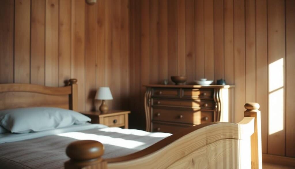 A cozy and inviting small bedroom, bathed in soft, natural light. In the foreground, a wooden bedframe with delicate grain patterns, complemented by a plush, neutral bedding set. Beside it, a simple wooden nightstand with a small lamp, casting a warm glow. In the middle ground, a wooden dresser with intricate detailing, its surface adorned with a few carefully placed decorative elements. The background features wooden wall paneling, adding depth and texture to the space. The overall atmosphere is one of tranquility and rustic charm, creating a serene and inviting environment.