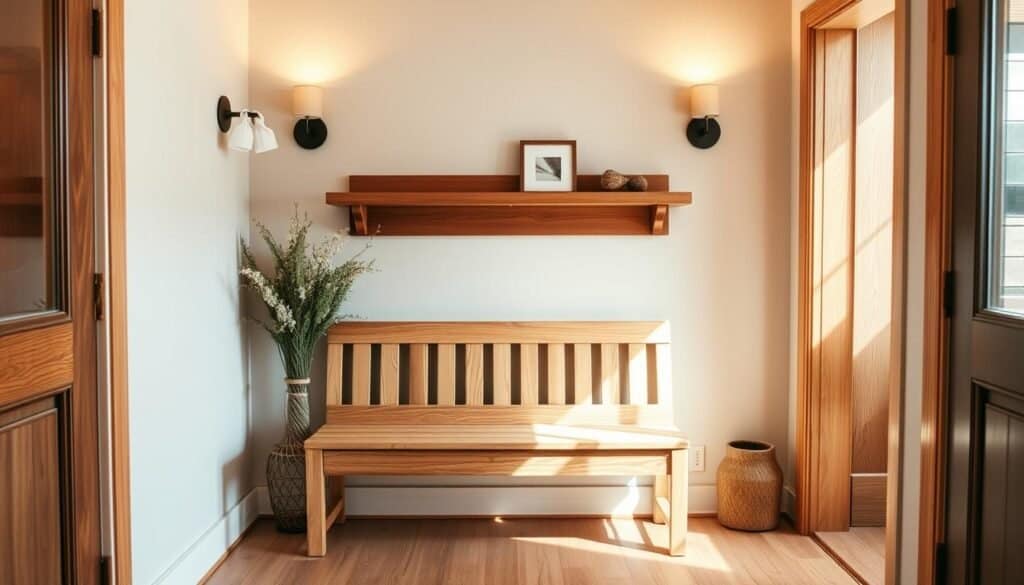 A cozy and inviting small entryway, featuring warm wood accents that seamlessly blend with the natural tones of the space. A sturdy wooden bench sits against the wall, providing a functional and visually appealing focal point. The wall behind it is adorned with a simple, rustic wooden shelf, displaying a few decorative elements that complement the overall aesthetic. Soft, diffused lighting from sconces on either side of the shelf casts a gentle glow, creating a welcoming ambiance. The floor is covered in natural wood planks, tying the entire space together and lending a sense of cohesion. The scene exudes a harmonious, homey atmosphere, showcasing how adaptable wood accents can be in even the most compact of entryways.