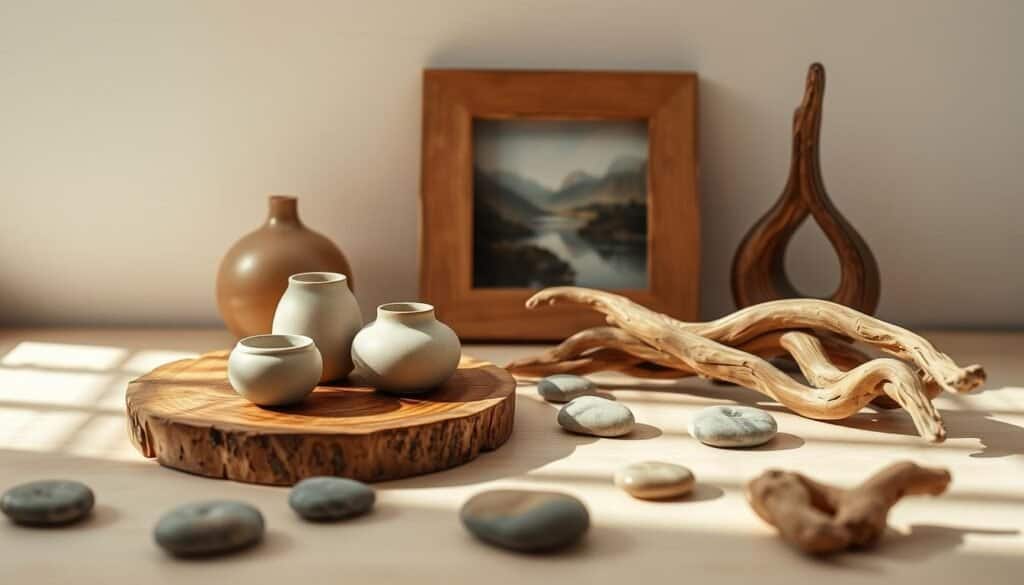 A cozy and inviting still life scene, showcasing a collection of artfully arranged wooden decor accessories. In the foreground, a rustic wooden tray holds a trio of delicate ceramic vessels, their soft hues complementing the natural grain of the wood. In the middle ground, a handcrafted wooden photo frame displays a serene landscape, casting a warm glow. Scattered around, smooth river stones and a single, sculptural driftwood piece add organic texture. The overall mood is one of tranquility and understated elegance, illuminated by soft, diffused lighting that casts gentle shadows, creating depth and dimension. The composition is balanced and visually appealing, evoking a sense of calm and comfort.