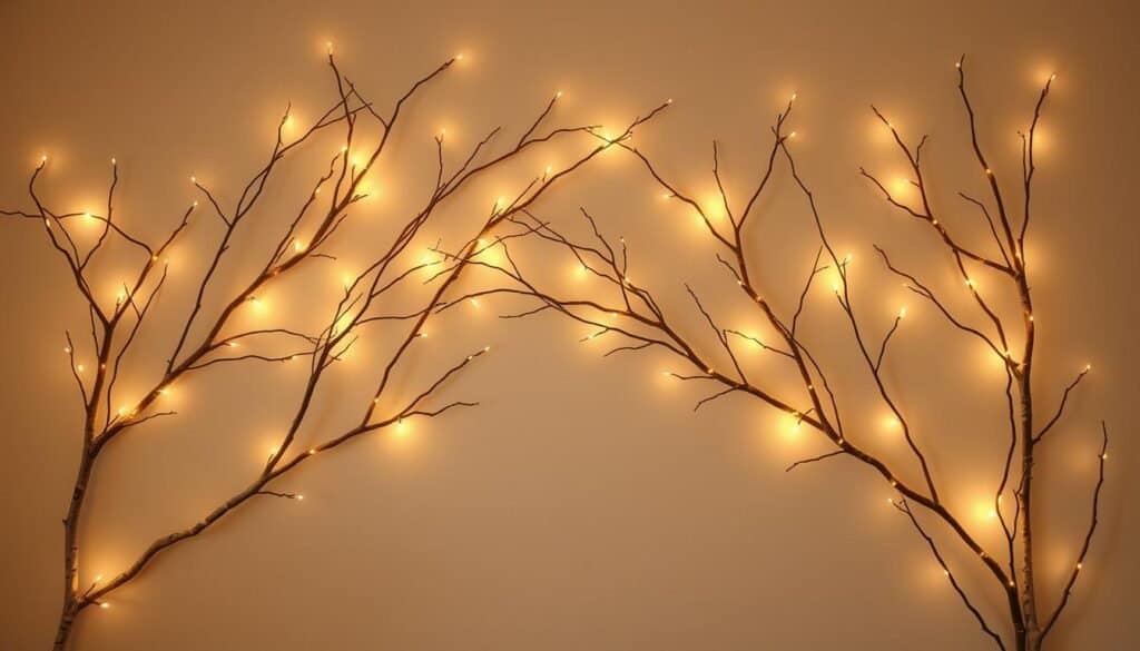 A cozy and inviting wall display of natural birch branches, delicately adorned with a constellation of warm, twinkling lights. The branches gracefully arch and intertwine, casting soft, ambient illumination throughout the space. The lighting is subtle and elegant, creating a serene and tranquil atmosphere. The arrangement is meticulously composed, with the branches positioned to form a visually striking and harmonious design. The image exudes a sense of rustic charm and natural beauty, perfect for adding a finishing touch of warmth and atmosphere to any room.