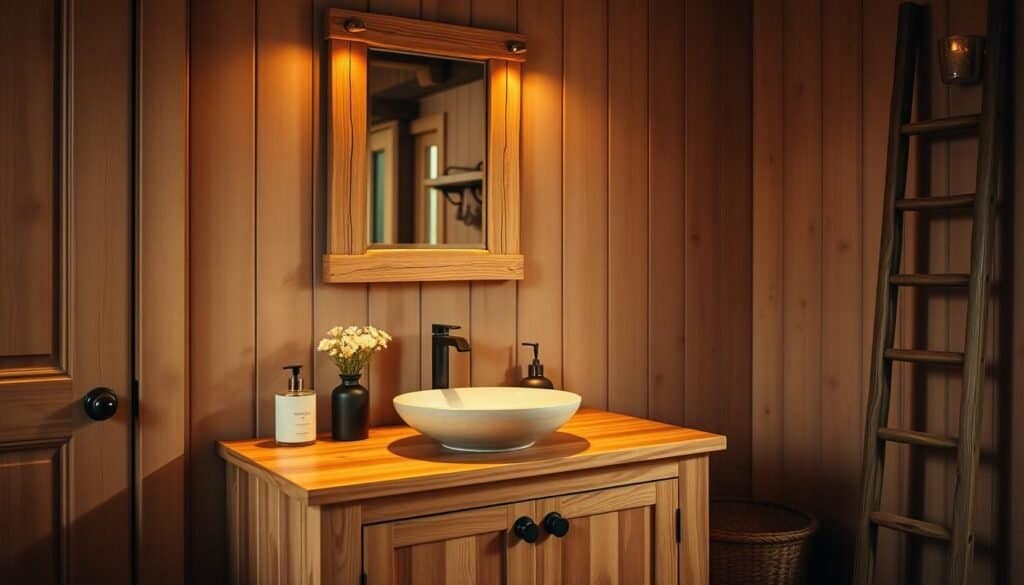 A cozy and inviting wooden bathroom decor, featuring a rustic vanity with a natural wood finish and a vessel sink. Warm, ambient lighting casts a soft glow, highlighting the grain and texture of the wood. A wooden framed mirror hangs above, complemented by a matching wooden shelf displaying decorative accents. In the background, a wooden ladder leans against the wall, adding a touch of farmhouse charm. The overall atmosphere is tranquil and spa-like, creating a serene and rejuvenating space.