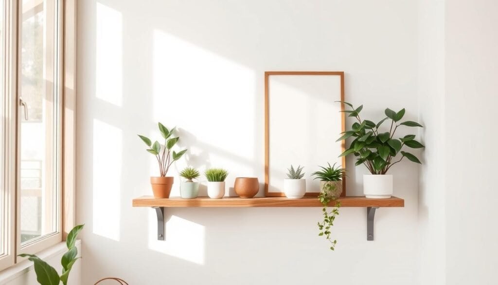 A cozy and minimalist wood decor scene, featuring a sleek wooden shelf mounted on a crisp white wall. The shelf displays various potted plants, a simple ceramic vase, and a single framed art piece with clean lines. Soft, natural lighting filters in through a large window, casting a warm glow across the arrangement. The composition is balanced and uncluttered, creating a serene and rejuvenating atmosphere. The wood tones, ranging from light to dark, add depth and texture to the scene, complementing the overall modern and zen-like aesthetic.
