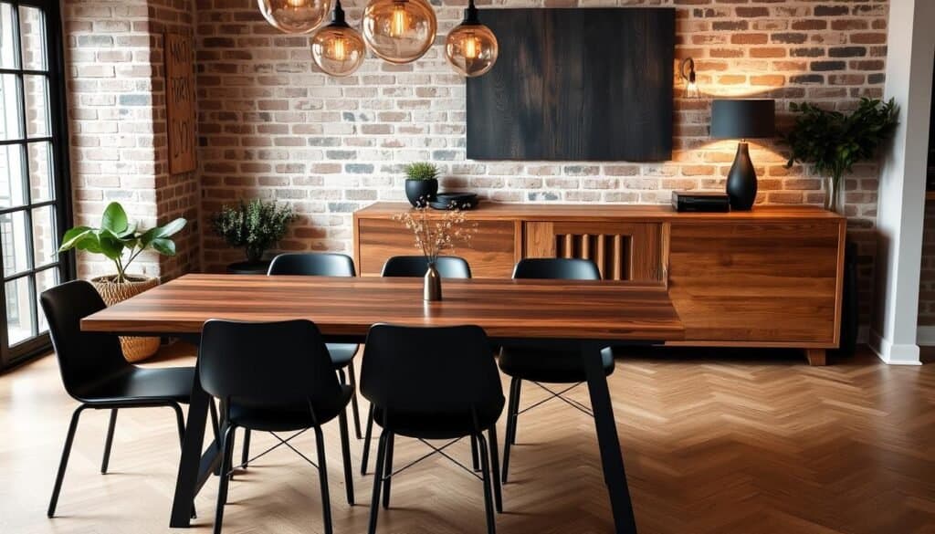 A cozy and refined dining space with a focal point of sleek black and warm wooden elements. In the foreground, a modern rectangular dining table with a dark wood top and black metal legs stands elegantly. Surrounding it, contemporary black dining chairs with clean lines and subtle textures. In the middle ground, a large, rustic-inspired wooden sideboard or credenza provides ample storage and display space. The background features a mix of natural textures like exposed brick walls and warm pendant lighting that casts a soft, inviting glow. The overall atmosphere is one of sophistication and thoughtful design, creating an enhanced culinary experience.