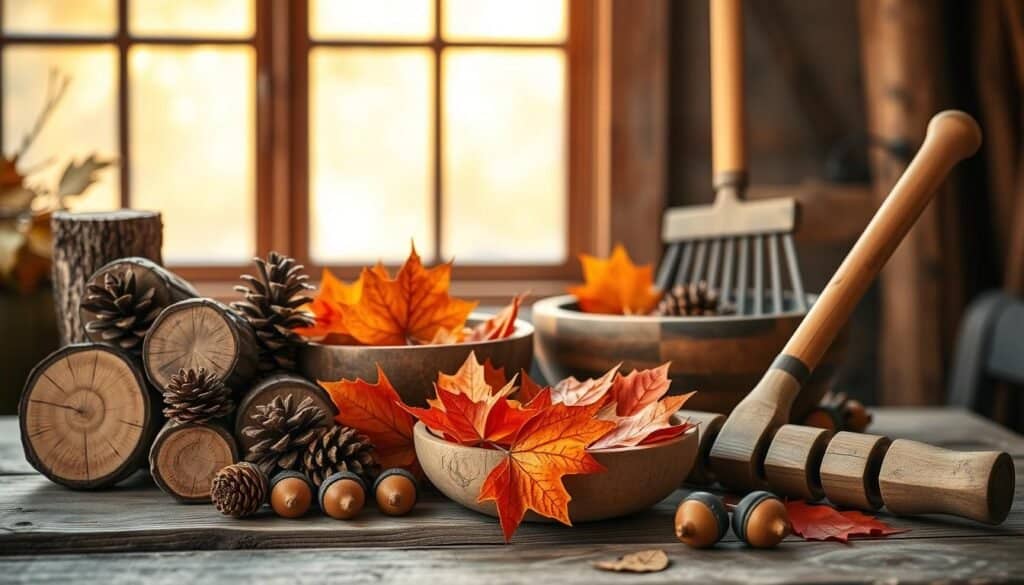 A cozy and rustic autumn still life featuring natural wood fall decorations handcrafted by The Sawdust Man. In the foreground, a collection of wooden logs, pine cones, and acorns in warm hues are artfully arranged on a weathered wooden table. The middle ground showcases a wooden bowl filled with vibrant orange leaves, complemented by a wooden-handled rake. In the background, a window with warm golden light filters through, casting a soft, inviting glow over the scene. The overall mood is one of warmth, simplicity, and the comforting embrace of nature during the fall season.