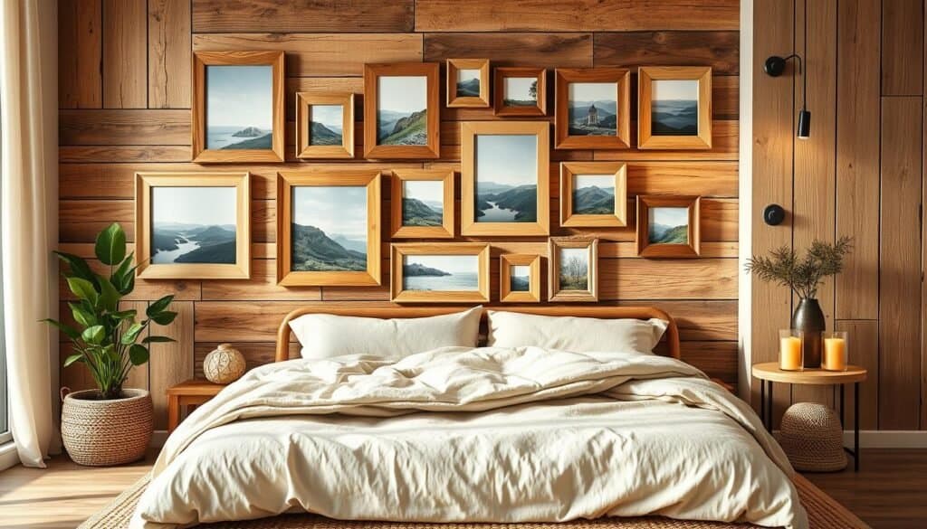 A cozy and rustic bedroom setting with warm lighting, showcasing a collection of natural wood photo frames in varying sizes and textures, artfully arranged on a distressed wood wall. The frames contain landscape and nature photography, creating a cohesive and serene atmosphere. Plush textiles, such as a woven area rug and linen bedding, complement the wooden accents, while a potted plant and decorative candles add subtle pops of greenery and glow. The overall composition evokes a peaceful and inviting ambiance, suitable for a tranquil retreat.