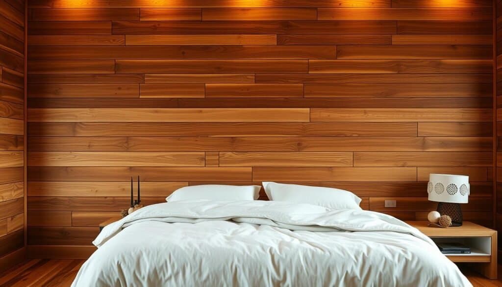 A cozy and rustic bedroom with a stunning natural wood accent wall. Warm, indirect lighting casts a gentle glow, highlighting the rich, varied tones and smooth, textured grain of the wooden planks. The wall stretches from floor to ceiling, creating a serene and enveloping atmosphere. Soft, neutral bedding and minimal decor allow the wood to be the star, seamlessly blending the indoors with the tranquility of the outdoors. A sense of balance and harmony permeates the space, inviting relaxation and restoration.