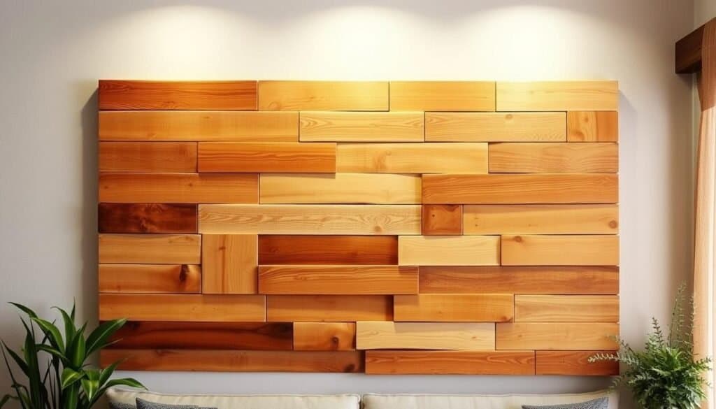 A cozy and rustic reclaimed wood wall decor, featuring a stunning arrangement of various-sized planks in warm, earthy tones. The wood has a natural, weathered appearance, with subtle knots, grains, and distressed textures that add character. The planks are meticulously arranged in a harmonious, asymmetrical pattern, creating visual interest and depth. Soft, diffused lighting from above casts gentle shadows, accentuating the organic, handcrafted feel of the piece. The wall decor is flanked by potted plants or simple botanical accents, lending a touch of greenery and freshness to the rustic, sustainable display. The overall scene exudes a sense of warmth, coziness, and environmental consciousness, perfectly complementing the "Reclaimed Wood Wall Projects: Sustainable Décor Ideas" section.