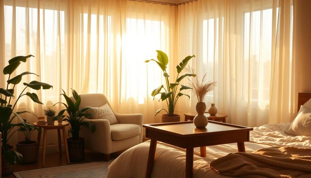 A cozy and serene bedroom sanctuary, bathed in warm, golden light filtering through sheer curtains. A plush, inviting armchair nestled in the corner, surrounded by lush houseplants and a small side table with a decorative vase. The soft, textured bedding invites relaxation, while a small wooden desk in the foreground provides a tranquil space for mindful activities. The overall atmosphere is one of calm, comfort, and personal retreat, creating a peaceful oasis within the home.