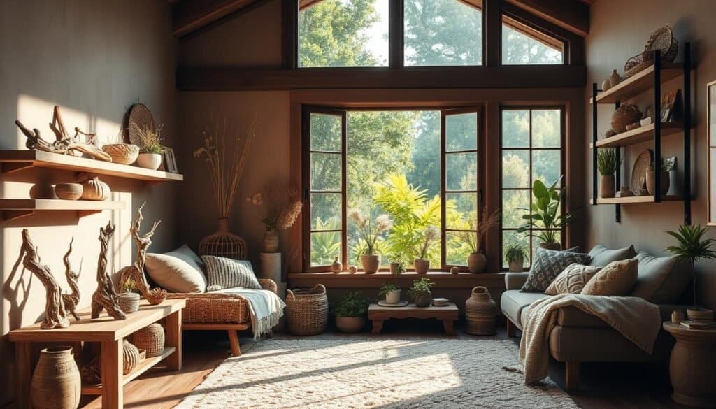 A cozy and serene living room with a large picture window overlooking a lush, verdant garden. Rustic wood shelves and side tables display an array of natural elements - driftwood sculptures, woven baskets, dried flowers, and potted plants. Sunlight filters in, creating a warm, earthy ambiance. A plush, textured area rug and soft throws add to the cozy, inviting atmosphere. The overall aesthetic is a harmonious blend of organic shapes and textures, bringing the tranquility of the outdoors inside.