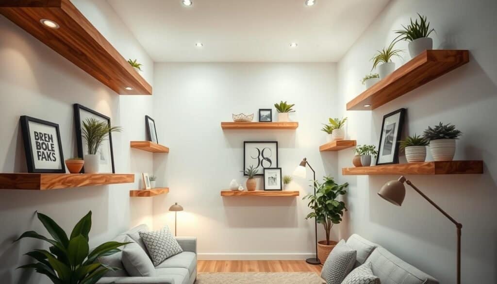 A cozy and spacious small room with floating wood ledges that create the illusion of depth and airiness. The ledges are crafted from warm, natural wood, elegantly suspended from the walls at varying heights, showcasing artful arrangements of potted plants, framed artwork, and decorative objects. Soft, diffused lighting from recessed ceiling fixtures and a nearby floor lamp casts a gentle glow, accentuating the textural beauty of the wood. The room's neutral color palette of whites, grays, and natural wood tones contributes to a serene, harmonious atmosphere, making the space feel larger and more inviting. The overall composition evokes a sense of tranquility and thoughtful design, perfectly illustrating how floating wood ledges can transform the perceived size of a small room.