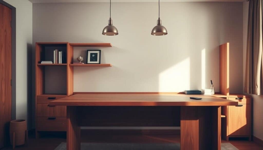 A cozy and well-appointed home office with warm, natural wood accents. A sturdy, L-shaped desk in a rich, honey-toned hardwood sits in the foreground, its clean lines and smooth finish creating a minimalist, contemporary aesthetic. Behind it, a floating shelving unit in a complementary wood tone displays a few carefully curated décor pieces, casting subtle shadows across the room. Soft, diffused lighting from a pair of sleek, pendant lamps above the desk creates a calm, productive atmosphere. The walls are painted in a soothing, neutral palette, allowing the wood elements to take center stage. The overall scene conveys a sense of balance, organization, and an inspiring space for focused work.