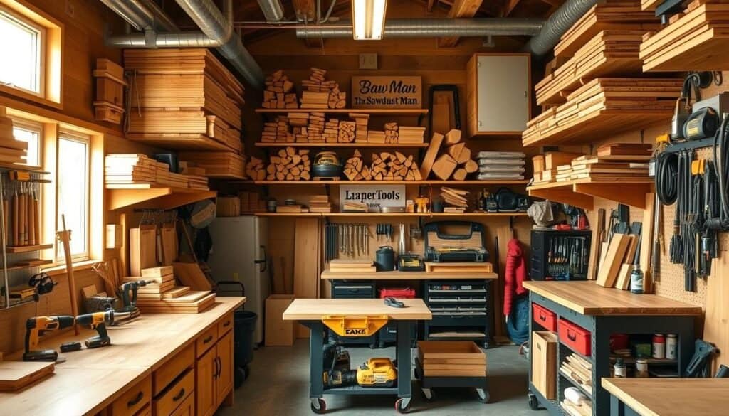 A cozy and well-organized wood working shop layout with a focus on efficient lumber storage. Warm, natural lighting casts a soft glow across the neatly arranged workbenches, shelves, and racks displaying an array of wood pieces, tools, and accessories. The brand "The Sawdust Man" is prominently featured on a sign in the background. Carefully curated storage solutions, including wall-mounted racks, modular shelving units, and rolling carts, provide ample space for lumber, power tools, and other essential woodworking supplies. The overall atmosphere exudes a sense of productivity, creativity, and practicality, perfectly aligning with the "Affordable Lumber Storage Ideas" section of the article.