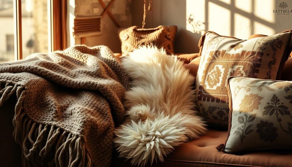 A cozy arrangement of richly textured rustic textiles, including a thick woven blanket, a plush sheepskin rug, and a hand-embroidered cushion. The textiles are bathed in warm, golden light filtering through a large window, casting soft shadows across the scene. The materials have a lived-in, well-loved quality, adding a sense of comfort and character to the space. The overall mood is one of relaxed, inviting elegance, perfectly complementing a cozy living room space.