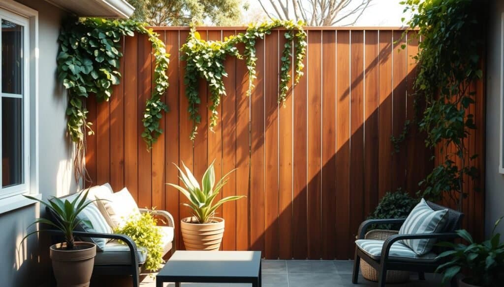 A cozy backyard oasis with a sturdy yet stylish wooden privacy screen. The screen, crafted from high-quality planks, stands tall and creates an intimate outdoor retreat. Lush greenery, such as tall potted plants and climbing vines, adorns the screen, adding a touch of natural elegance. Warm, diffused sunlight filters through the screen, casting gentle shadows and creating a tranquil, inviting atmosphere. The screen is positioned to provide ample privacy, shielding the space from curious onlookers while still allowing for an open, airy feel. The overall scene evokes a sense of seclusion and relaxation, perfect for enjoying the great outdoors in comfort and style.