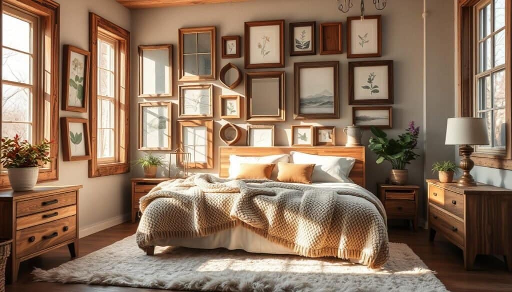 A cozy bedroom adorned with a rustic charm, featuring a wall gallery of weathered wood frames. Sunlight streams through large windows, casting a warm glow on the distressed wood grains. Eclectic mix of framed artwork, mirrors, and botanical prints create a harmonious display. Plush textiles, such as a fluffy rug and a chunky knit blanket, add to the inviting ambiance. Wooden nightstands and a natural wood headboard complement the frame decor, while potted plants and a vintage table lamp contribute to the organic, earthy aesthetic. Photographed with a shallow depth of field to emphasize the textural details of the rustic wood frames.