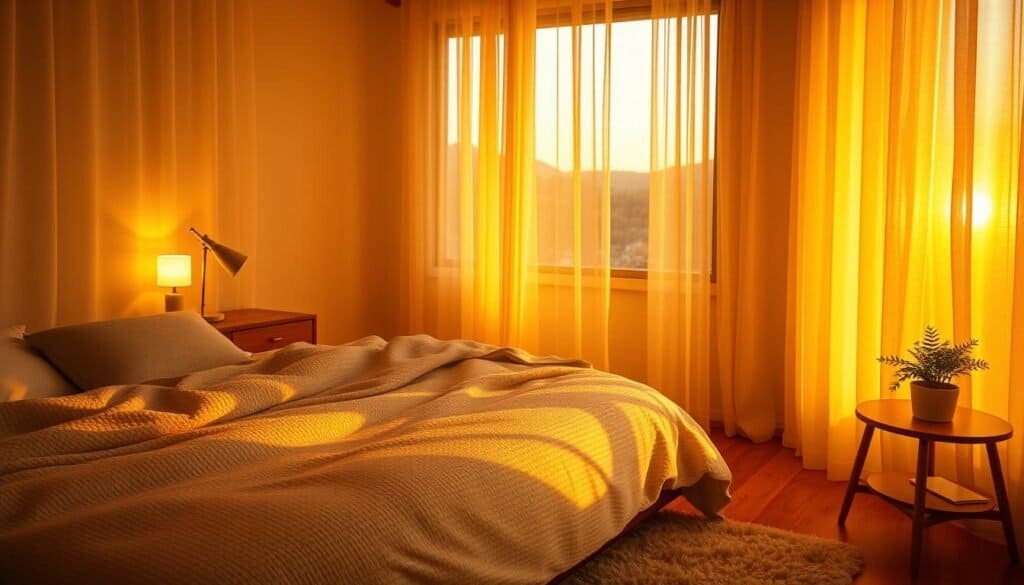 A cozy bedroom bathed in warm, golden light. Plush, textured bedding in neutral tones invites relaxation. A modest wooden nightstand holds a single, softly glowing lamp casting a gentle radiance. Sheer curtains filter the sunset hues, creating an intimate, tranquil ambiance. The hardwood floors are covered by a thick, plush area rug, muffling footsteps. Subtle hints of greenery, like a small potted plant, add organic warmth. The overall scene evokes a sense of comfort, safety, and peaceful solitude.