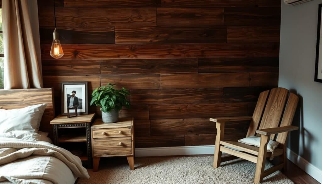 A cozy bedroom with a rustic, reclaimed wood headboard featuring intricate grain patterns and knots. Soft lighting from a vintage-inspired pendant casts a warm glow, complementing the natural textures. A distressed wooden side table holds a lush potted plant and a framed photograph, capturing the essence of a handcrafted, personal retreat. The floor is covered in a plush, neutral-toned rug, creating a harmonious, inviting atmosphere. In the corner, a sturdy wooden chair, custom-built by "The Sawdust Man", offers a cozy spot to curl up with a book. The overall scene exudes a sense of timeless, lived-in charm and thoughtful design.