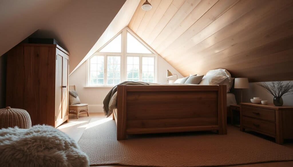 A cozy bedroom with a slanted ceiling, bathed in soft, warm lighting. The focal point is a large, natural wood piece - perhaps a dresser, armoire, or bed frame - that dominates the space and creates a sense of grounded comfort. The room's palette features earthy tones and textures, complementing the wood's organic beauty. Plush textiles, such as a woven area rug and cozy bedding, add to the inviting ambiance. The slanted ceiling casts intriguing shadows, while large windows allow natural light to filter in, highlighting the wood's intricate grain and creating a serene, rejuvenating atmosphere.