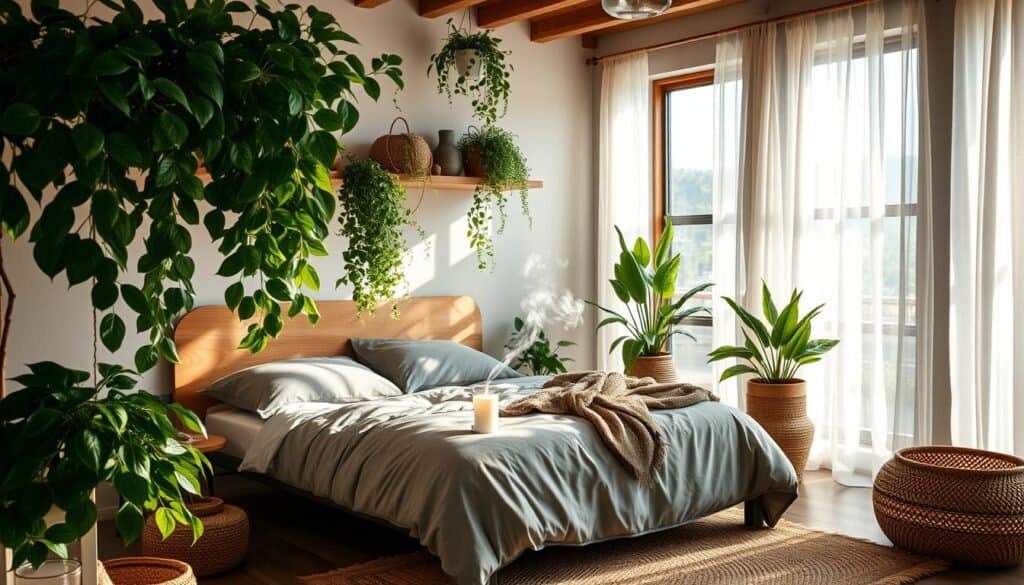 A cozy bedroom with natural elements, sun-drenched through large windows, casting a warm glow. Lush potted plants cascade from floating shelves, their verdant leaves framing the scene. A natural wood headboard complements the smooth, gray bedding. Delicate wisps of smoke curl from a candle on the nightstand, creating a soothing, earthy ambiance. Rattan baskets and a jute area rug ground the space, infusing it with rustic, grounded charm. Soft lighting filters through sheer curtains, enhancing the serene, organic atmosphere.