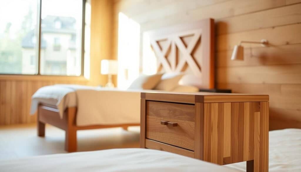 A cozy bedroom with natural wood accents, bathed in warm, soft lighting. A handcrafted nightstand in a rich, honey-toned oak stands in the foreground, its clean lines and smooth texture creating a sense of tranquility. In the middle ground, a wooden headboard with a geometric pattern adds visual interest, while a large window allows natural light to pour in, casting a gentle glow throughout the space. The background features subtle wood paneling on the walls, complementing the overall rustic yet refined aesthetic. The overall atmosphere is one of calm, comfort, and a connection to the natural world.