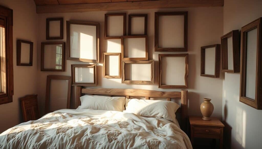A cozy bedroom with rustic wood frames adorning the walls, casting warm, soft lighting across the space. The frames are arranged in a thoughtful, asymmetrical pattern, some leaning casually, others hung with precision. The wood is weathered and textured, adding depth and character to the scene. Subtle shadows and highlights accentuate the natural grain, creating a sense of depth and dimension. The overall atmosphere is inviting and tranquil, transporting the viewer to a peaceful, retreat-like setting.