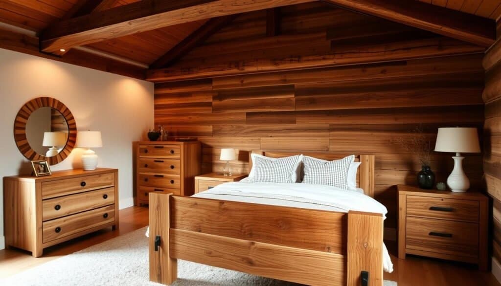A cozy bedroom with warm, budget-friendly wood accents. Rustic wooden bedside tables flank a minimalist bed frame, their natural grains and knots adding textural interest. A wooden dresser in the corner, its simple design complemented by a decorative wooden mirror. Overhead, a wooden ceiling beam casts soft, ambient lighting across the space. The wood tones blend seamlessly with neutral bedding and decor, creating a harmonious, inviting atmosphere.