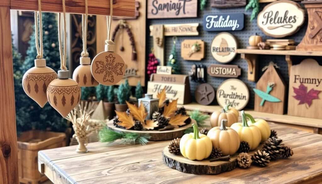 A cozy collection of seasonal wooden decorations crafted by the skilled artisans at The Sawdust Man. In the foreground, a set of handmade ornaments hang from a rustic wooden frame, their intricate patterns and natural textures catching the soft, warm light. In the middle ground, a wooden centerpiece featuring carved autumn leaves and acorns sits atop a rough-hewn wooden table, surrounded by an assortment of carved pumpkins and pinecones. In the background, a display of handcrafted wooden signs and wall hangings, each bearing charming holiday-inspired designs, creates a inviting, nature-inspired atmosphere.