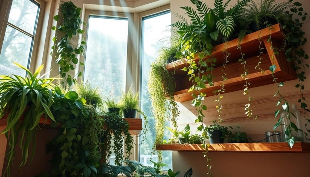 A cozy corner filled with lush, thriving plants cascading down from a custom-built wooden wall shelf. Sunlight streams through large windows, casting a warm, natural glow over the scene. The wooden shelves are made from rich, textured oak, complementing the verdant greenery. Varied shades of leafy plants, from trailing vines to upright ferns, create a layered, visually striking arrangement. The overall mood is serene, calming, and inviting - a perfect spot to unwind and find solace in nature. A wide-angle lens captures the full depth and scale of this harmonious plant-filled corner.
