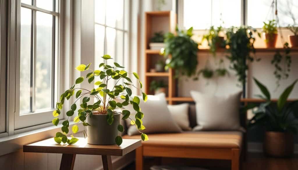 A cozy corner of a stylish living space, sunlight filtering through large windows. In the foreground, a sleek wooden side table holds a thriving potted plant, its lush foliage cascading gracefully. The middle ground features a minimalist wooden bench, its clean lines complementing the organic shapes of the plants. In the background, a combination of wooden shelves and hanging plants creates a natural, harmonious balance, the earthy tones and textures blending seamlessly. Soft, diffused lighting casts a warm glow, accentuating the beauty of the wood and greenery. The overall scene exudes a sense of tranquility and a perfect fusion of nature and modern design.